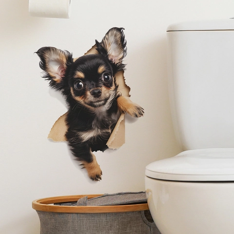 Pegatina De Pared 3D Perro Chihuahua A Través De La Pared Animal Lindo Calcomanía De PVC Removible Para Dormitorio Sala De Baño Hogar