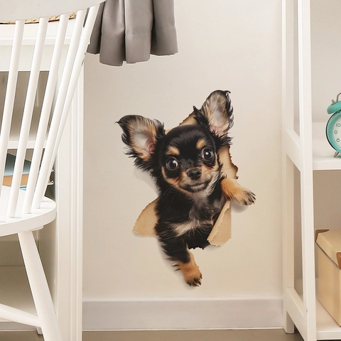 Pegatina De Pared 3D Perro Chihuahua A Través De La Pared Animal Lindo Calcomanía De PVC Removible Para Dormitorio Sala De Baño Hogar