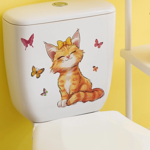 Simpatico Adesivo per Gabinetto Gatto Farfalla Cartone Animato in PVC Adesivo da Parete Rimovibile per Camera dei Bambini Bagno Decorazione della Casa Impermeabile