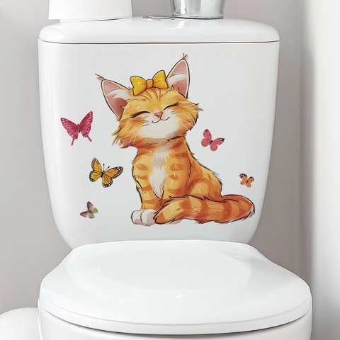 Simpatico Adesivo per Gabinetto Gatto Farfalla Cartone Animato in PVC Adesivo da Parete Rimovibile per Camera dei Bambini Bagno Decorazione della Casa Impermeabile