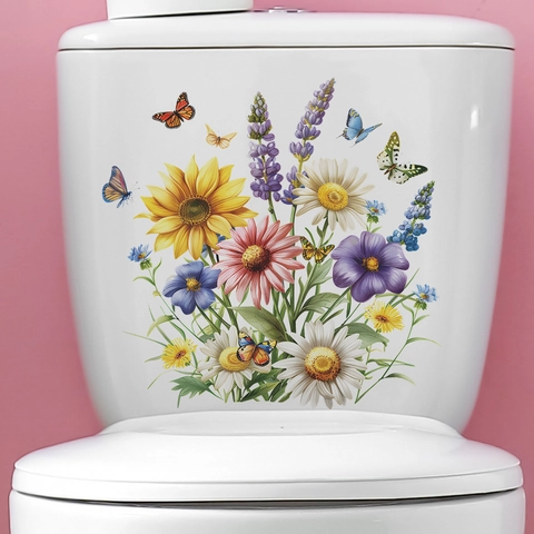 Adesivo per Coperchio del Water con Motivo a Fiori e Farfalle Impermeabile in PVC Autoadesivo per Decorazione Bagno Casa