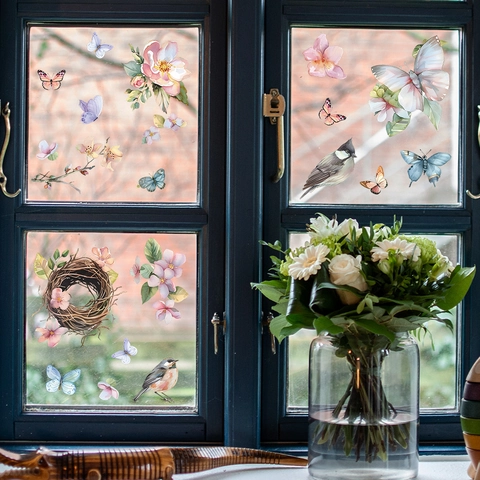 Adesivo Statico per Finestre con Uccello Fiore Farfalla Nido Acquerello PVC Removibile per Vetro Soggiorno Casa Decor
