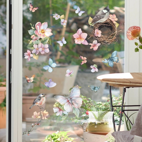 Adesivo Statico per Finestre con Uccello Fiore Farfalla Nido Acquerello PVC Removibile per Vetro Soggiorno Casa Decor