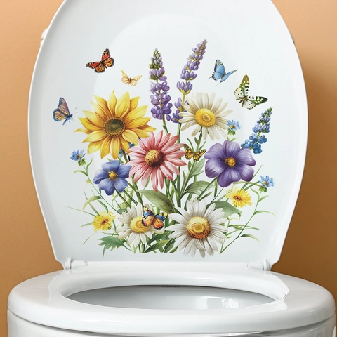 Adesivo per Coperchio del Water con Motivo a Fiori e Farfalle Impermeabile in PVC Autoadesivo per Decorazione Bagno Casa