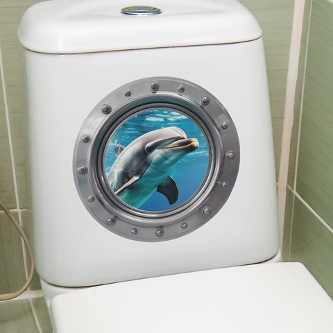 3D Dolfijn Zee Wereld Patrijspoort Muursticker Verwijderbare PVC Waterdichte Oceaan Zicht Nep Venster Sticker Voor Badkamer Toilet Decor