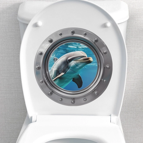 3D Dolfijn Zee Wereld Patrijspoort Muursticker Verwijderbare PVC Waterdichte Oceaan Zicht Nep Venster Sticker Voor Badkamer Toilet Decor