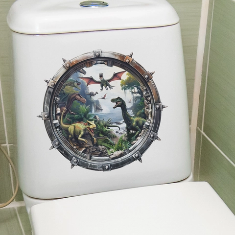 3D Dinosaur World Wall Sticker PVC Waterproof Round Porthole Window Decal For Bathroom Toilet Lid Kids Room Home Decor