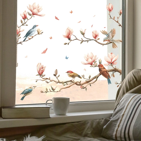 Adesivi Murali Magnolie Fiori Uccelli Farfalle PVC Adesivi Statici per Decorazione Vetro Finestra Camera da Letto Soggiorno
