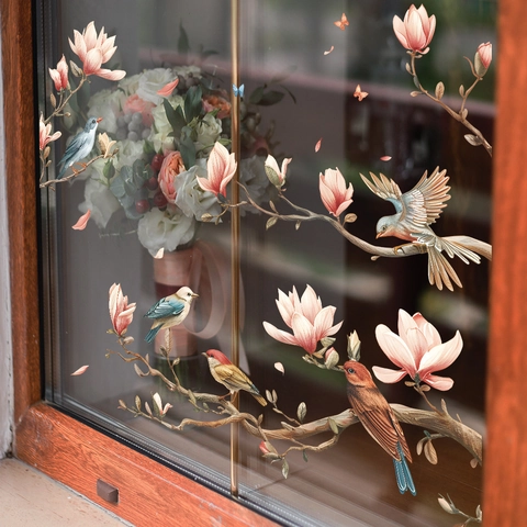 Adesivi Murali Magnolie Fiori Uccelli Farfalle PVC Adesivi Statici per Decorazione Vetro Finestra Camera da Letto Soggiorno