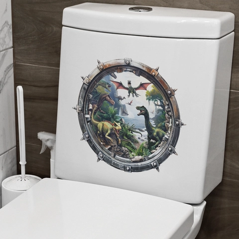 3D Dinosaur World Wall Sticker PVC Waterproof Round Porthole Window Decal For Bathroom Toilet Lid Kids Room Home Decor