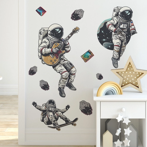 Space Astronaut Wall Sticker Guitar Skateboard Planet Decor For Kids Bedroom Living Room PVC Self Adhesive Removable Decal