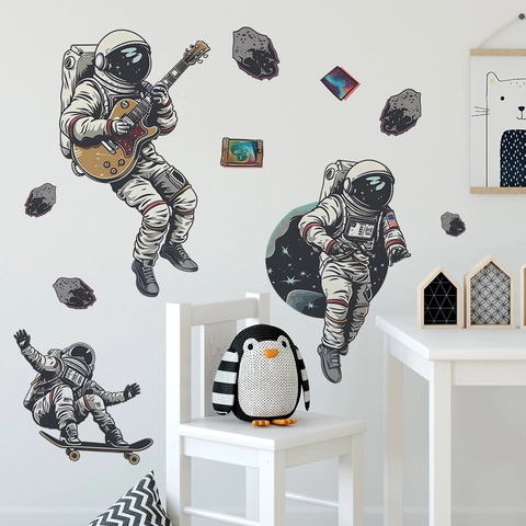 Space Astronaut Wall Sticker Guitar Skateboard Planet Decor For Kids Bedroom Living Room PVC Self Adhesive Removable Decal