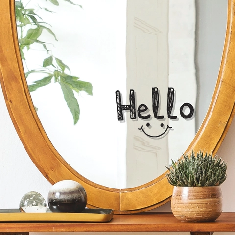 Adesivo Murale Lettera Hello Faccia Sorridente Removibile PVC Specchio Decalcomania Per Soggiorno Camera Da Letto Casa Arte Decorativa