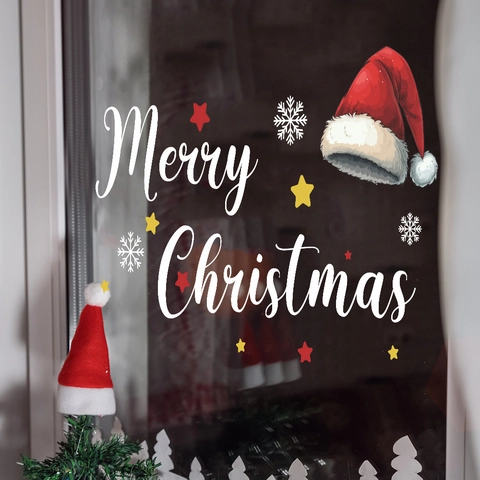 Merry Christmas Wandtattoo Statisch Haftende PVC Fensterbilder Rote Weihnachtsmütze Schneeflocken Sterne Festliche Deko Aufkleber