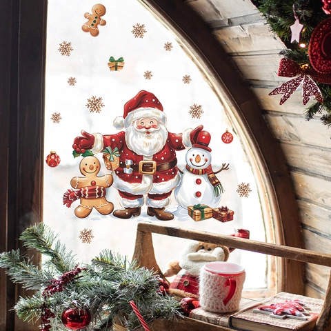 Weihnachten Weihnachtsmann Schneemann Lebkuchenmann Statische Fensteraufkleber PVC Schneeflocke Geschenkbox Wanddeko Für Glas Spiegel Haus Party