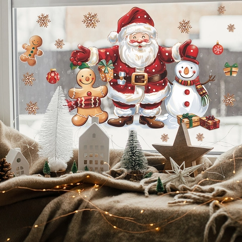 Weihnachten Weihnachtsmann Schneemann Lebkuchenmann Statische Fensteraufkleber PVC Schneeflocke Geschenkbox Wanddeko Für Glas Spiegel Haus Party