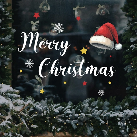 Merry Christmas Wandtattoo Statisch Haftende PVC Fensterbilder Rote Weihnachtsmütze Schneeflocken Sterne Festliche Deko Aufkleber