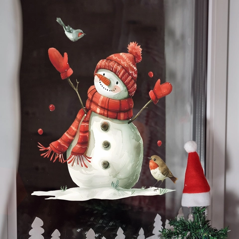 Weihnachten Schneemann Rotkehlchen Fenster Statische Aufkleber PVC Aquarell Wandtattoo Für Schlafzimmer Badezimmer Heim Deko