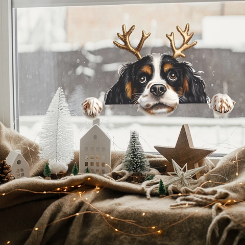 Weihnachten Cavalier King Charles Spaniel Hund Fensteraufkleber Rentiergeweih Statische Haftung PVC Holiday Wandtattoo Deko