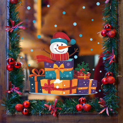 Cartoon Schneemann Auf Geschenkboxen Weihnachten Fenster Statische Aufkleber PVC Abnehmbare Xmas Decals Für Glastür Dekoration