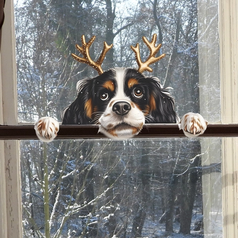 Weihnachten Cavalier King Charles Spaniel Hund Fensteraufkleber Rentiergeweih Statische Haftung PVC Holiday Wandtattoo Deko