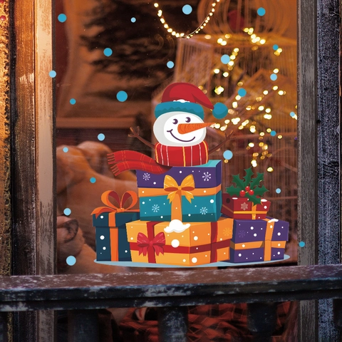 Cartoon Schneemann Auf Geschenkboxen Weihnachten Fenster Statische Aufkleber PVC Abnehmbare Xmas Decals Für Glastür Dekoration