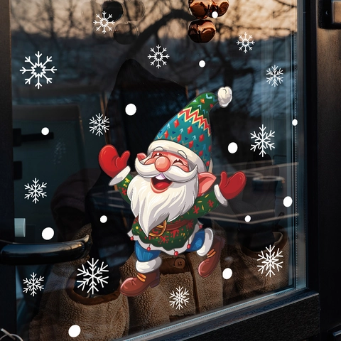Weihnachtswichtel Fensterbilder Statische PVC Wandaufkleber Mit Weißen Schneeflocken Für Glastür Zuhause Festliche Dekoration