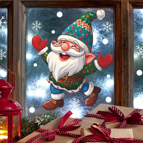 Weihnachtswichtel Fensterbilder Statische PVC Wandaufkleber Mit Weißen Schneeflocken Für Glastür Zuhause Festliche Dekoration