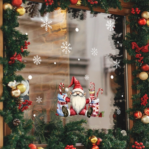 Weihnachtswichtel Schneeflocke Fensteraufkleber Statische PVC Sticker Festlicher Wichtel Zuckerstange Abnehmbares Wandtattoo Für Deko