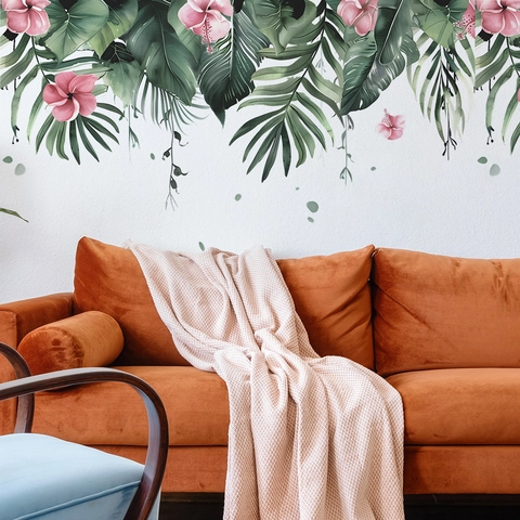Tropical Plant Wall Stickers Monstera Palm Leaves Pink Hibiscus Flower Watercolor Removable PVC DIY Wall Decals For Home Decor