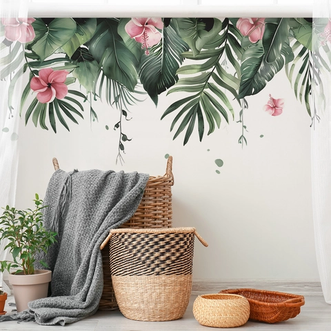 Tropical Plant Wall Stickers Monstera Palm Leaves Pink Hibiscus Flower Watercolor Removable PVC DIY Wall Decals For Home Decor