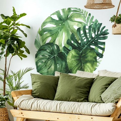 Adesivo da Parete Rotondo in Stile Nordico Con Foglie di Monstera e Palma Tropicali ad Acquerello per Decorazione Casa