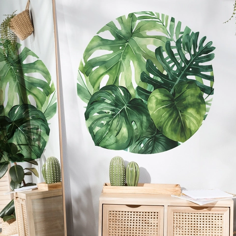 Adesivo da Parete Rotondo in Stile Nordico Con Foglie di Monstera e Palma Tropicali ad Acquerello per Decorazione Casa