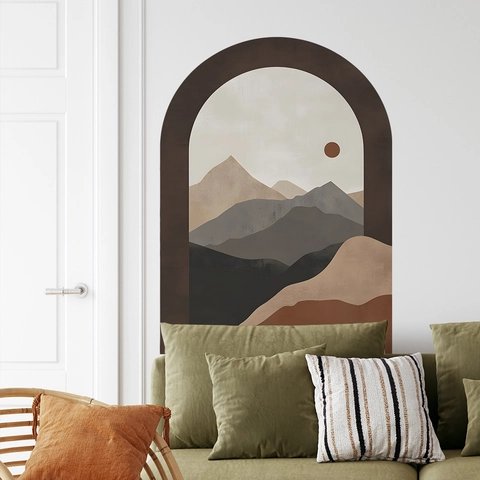 Abstracte Boog Berg Zon Muursticker Boho Aardetinten Landschap Zelfklevend PVC Muursticker Voor Slaapkamer Decoratie