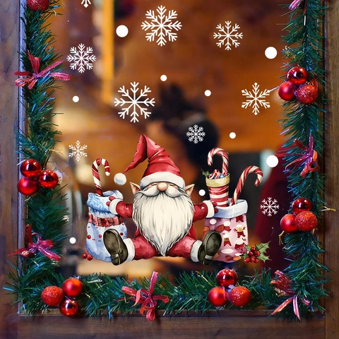 Weihnachtswichtel Schneeflocke Fensteraufkleber Statische PVC Sticker Festlicher Wichtel Zuckerstange Abnehmbares Wandtattoo Für Deko