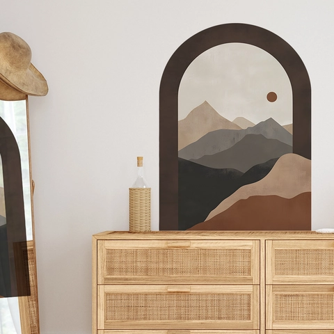 Abstracte Boog Berg Zon Muursticker Boho Aardetinten Landschap Zelfklevend PVC Muursticker Voor Slaapkamer Decoratie
