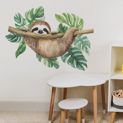 Watercolor Sloth On Tree Branch Wall Stickers Tropical Monstera Leaves For Nursery Kids Room Removable PVC Wall Decals Home Decor