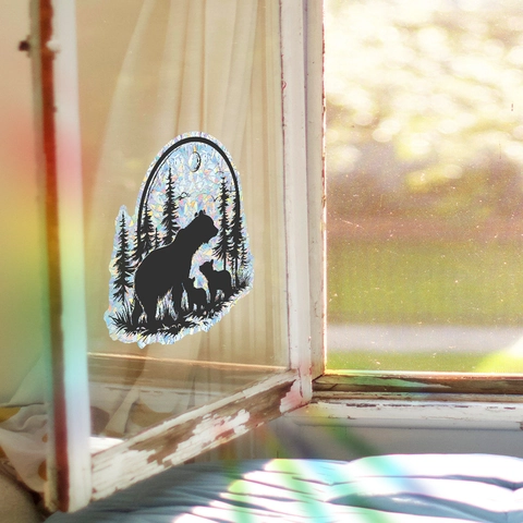 Regenboog Holografische Venstersticker Bos Beer Silhouet Statische Sticker Voor Glasdecoratie Prisma Vensterfilm