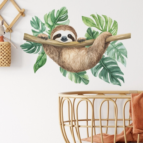 Watercolor Sloth On Tree Branch Wall Stickers Tropical Monstera Leaves For Nursery Kids Room Removable PVC Wall Decals Home Decor