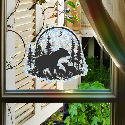 Regenboog Holografische Venstersticker Bos Beer Silhouet Statische Sticker Voor Glasdecoratie Prisma Vensterfilm