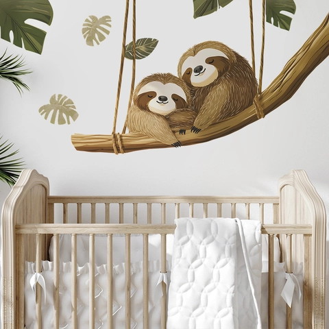 Cartoon Sloth Wall Stickers PVC Self Adhesive Removable Tropical Leaves Tree Branch Mural For Kids Nursery Bedroom Home Decor