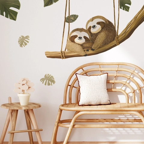 Cartoon Sloth Wall Stickers PVC Self Adhesive Removable Tropical Leaves Tree Branch Mural For Kids Nursery Bedroom Home Decor