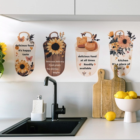 Sunflower Kitchen English Slogan Wall Stickers PVC Self Adhesive Floral Butterfly Bread Pumpkin Home Decor Decals
