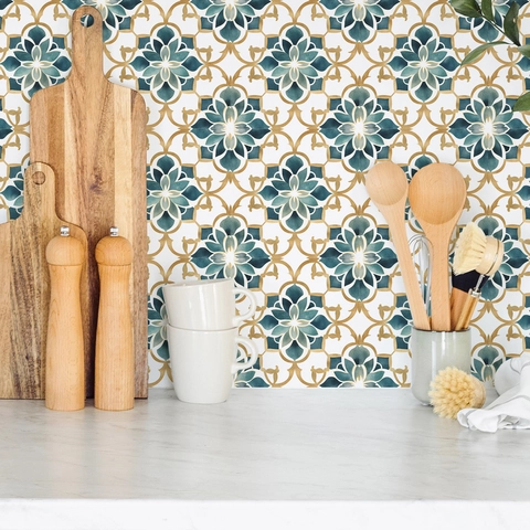 Adesivi per Piastrelle in PVC Impermeabili per Cucina Bagno Teal Oro Mandala Floreale Autoadesivi Fai da Te Decorazioni Murali