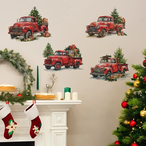 Adesivi Murali di Natale con Camion Rosso Vintage Acquerello Albero di Natale Regalo PVC Autoadesivi per Camera Bambini Casa