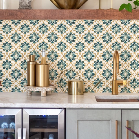 Adesivi per Piastrelle in PVC Impermeabili per Cucina Bagno Teal Oro Mandala Floreale Autoadesivi Fai da Te Decorazioni Murali