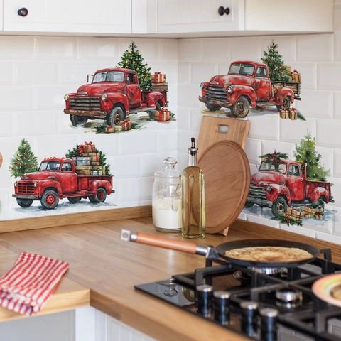 Adesivi Murali di Natale con Camion Rosso Vintage Acquerello Albero di Natale Regalo PVC Autoadesivi per Camera Bambini Casa