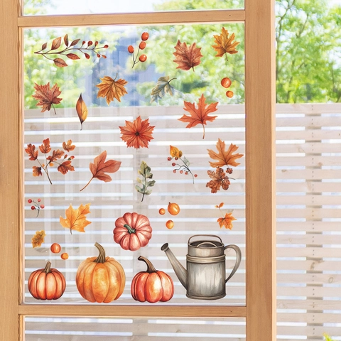 Pegatinas Estáticas para Ventana Otoño Acción de Gracias Calabaza Hojas de Arce Decoración Cosecha Regadera Vinilos PVC