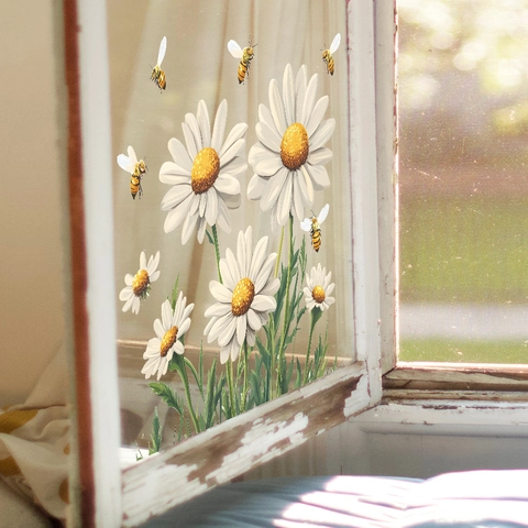 Daisy Bee Static Cling Window Stickers Floral Bee Wall Decals For Home Bedroom Decoration Removable No Glue PVC Sticker