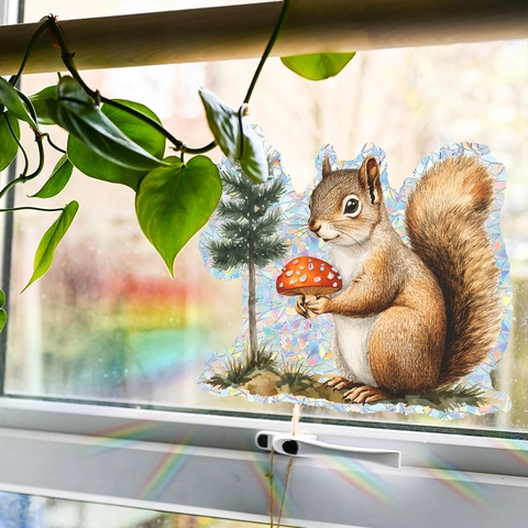 Eichhörnchen Pilz Kiefer Sonnenfänger Fensteraufkleber Statisch Prismatisch Regenbogeneffekt Glasaufkleber Für Haus Dekoration